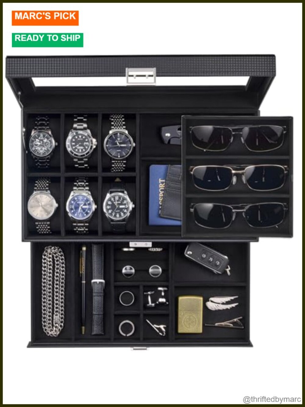 Mens 6 Slot Watch Box & 3 Slot Sunglass Holder PU Leather Velvet Lined